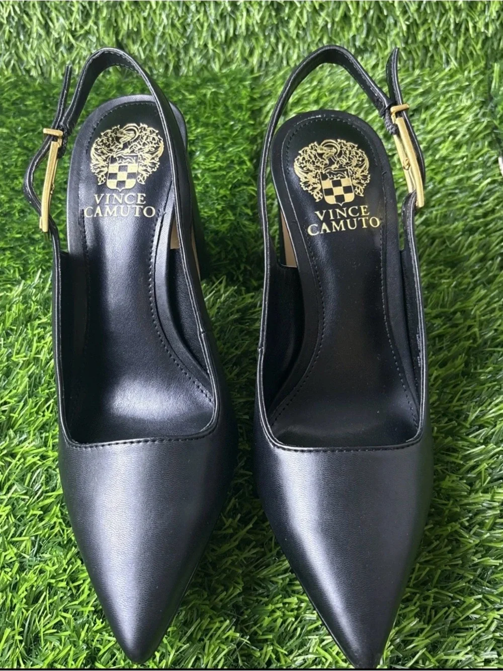 Vince Camuto Black Pointed Slingback Block Heel Pumps with Gold Buckle